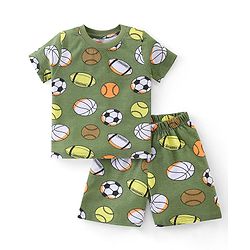 Babyhug Cotton Knit Half Sleeves Night Suit  With Football Print - Green