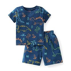 Babyhug Cotton Knit Half Sleeves Night Suit  With Dino Print - Navy Blue