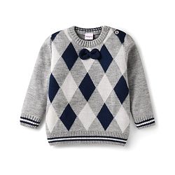 Babyhug Knitted Full Sleeves Pullover Sweater with Argyle Design & Bow Applique - Grey
