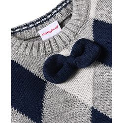 Babyhug Knitted Full Sleeves Pullover Sweater with Argyle Design & Bow Applique - Grey