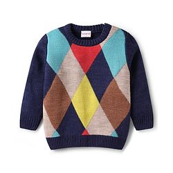 Babyhug Knitted Full Sleeves Pullover Sweater With Argyle Design - Navy Blue
