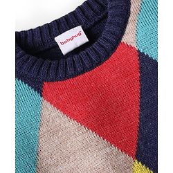 Babyhug Knitted Full Sleeves Pullover Sweater With Argyle Design - Navy Blue