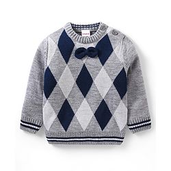 Babyhug Knit Full Sleeves Pullover Sweater Argyle Design - Grey