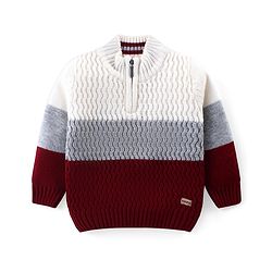 Babyhug Knitted Full Sleeves Color Block Pullovers Sweater - Maroon & White