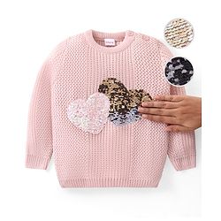 Babyhug Knitted Full Sleeves Pullover Sweater with  Reversible Sequined Heart - Pink