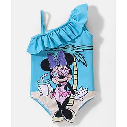Babyhug Disney One Shoulder Sleeve V Cut  Swimsuit with Minnie Mouse Print - Blue