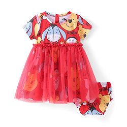 Babyhug Disney 100% Cotton Knit Frock Half Sleeves Frock with Bloomer Winnie The Pooh Print-Red