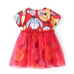 Babyhug Disney 100% Cotton Knit Frock Half Sleeves Frock with Bloomer Winnie The Pooh Print-Red