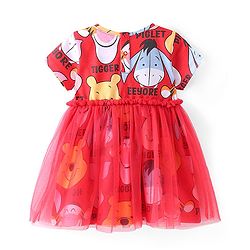 Babyhug Disney 100% Cotton Knit Frock Half Sleeves Frock with Bloomer Winnie The Pooh Print-Red