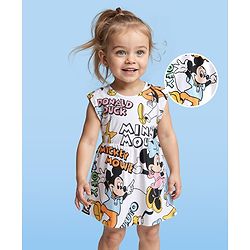 Babyhug Disney Cotton Half Sleeves Frocks With Mickey Mouse & Friends Print - White