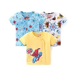 Babyhug Marvel 100% Cotton Knit Half Sleeves Jhablas with Spiderman Graphics Pack of 3 - Yellow Blue & White