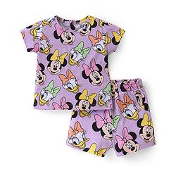 Babyhug Disney Single Jersey Knit Half Sleeves Night Suit With Minnie Mouse Graphics - Purple
