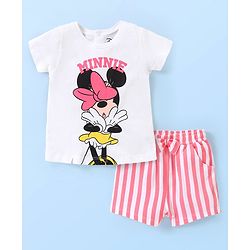 Babyhug  Disney Cotton Half Sleeves Shorts  Night Suit Minnie Mouse Print - White & Pink