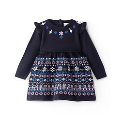Babyhug Knitted Full Sleeves Floral Embroidery Woolen Dress - Navy Blue