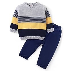 Babyhug Knit Full Sleeves Pullover Sweater & Pant Set Stripe Design - Multicolour