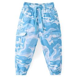 Babyhug Cotton Lycra With Stretch Woven Full Length Trousers With Camo Print - Blue