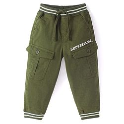 Babyhug Cotton Woven Full Length Stretchable Trouser with Text Print - Olive Green
