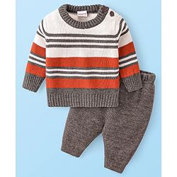 Babyhug Knitted Full Sleeves Striped Pullover Sweater Set - Grey