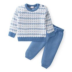 Babyhug Knit Full Sleeves All Over Design Sweater & Pant Set - Blue