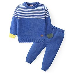 Babyhug Knit Full Sleeves Striped Sweater & Pant Set - Blue