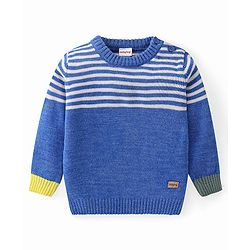 Babyhug Knit Full Sleeves Striped Sweater & Pant Set - Blue