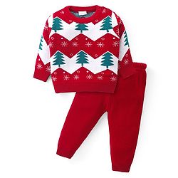 Babyhug Knitted Full Sleeves Sweater Set with Christmas Tree Design - Red