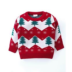 Babyhug Knitted Full Sleeves Sweater Set with Christmas Tree Design - Red