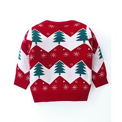 Babyhug Knitted Full Sleeves Sweater Set with Christmas Tree Design - Red