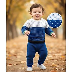 Babyhug Knitted Full Sleeves Colourblock Sweater Set  - Blue White & Green