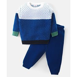 Babyhug Knitted Full Sleeves Colourblock Sweater Set  - Blue White & Green