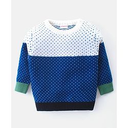 Babyhug Knitted Full Sleeves Colourblock Sweater Set  - Blue White & Green