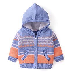 Babyhug Knitted Full Sleeves Front Open Hooded Sweaters with Stripes Design & Kangaroo Pockets - Multicolour