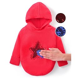 Babyhug Knitted Raglan Sleeves Hooded Sweater with Reversible Star Sequin Design - Coral