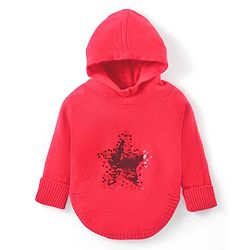 Babyhug Knitted Raglan Sleeves Hooded Sweater with Reversible Star Sequin Design - Coral