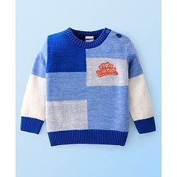 Babyhug Knitted Full Sleeves Color Blocked Sweater Text Embroidery - Blue