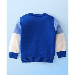 Babyhug Knitted Full Sleeves Color Blocked Sweater Text Embroidery - Blue