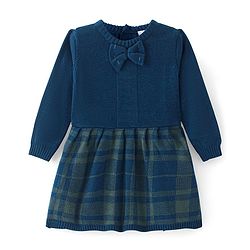 Babyhug Knitted Full Sleeves Woollen Dress with Checks Design & Bow Applique - Navy Blue