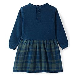 Babyhug Knitted Full Sleeves Woollen Dress with Checks Design & Bow Applique - Navy Blue