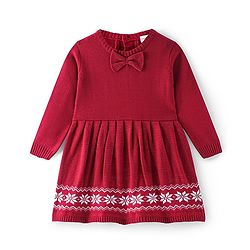 Babyhug Knitted Full Sleeves Woolen Dress with Floral Design - Red