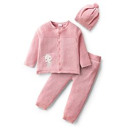 Babyhug Cotton Knit Full Sleeves Sweater Set with Cap & Elephant Applique Embroidery - Light Pink
