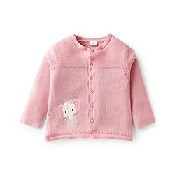Babyhug Cotton Knit Full Sleeves Sweater Set with Cap & Elephant Applique Embroidery - Light Pink