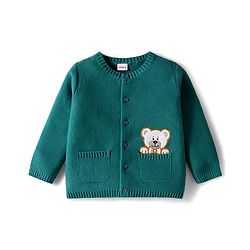 Babyhug Cotton Knit Full Sleeves Front Open Sweater Set with Bear Patch & Cap - Teal Blue
