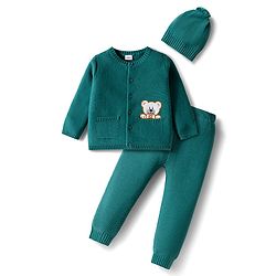 Babyhug 100% Cotton Knit Full Sleeves Front Open Sweater Set with Bear Patch & Cap - Teal Blue