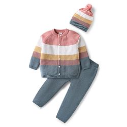 Babyhug Cotton Knit Full Raglan Sleeves Front Open Sweater Set With Stripes & Cap - Multi Colour