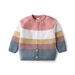 Babyhug Cotton Knit Full Raglan Sleeves Front Open Sweater Set With Stripes & Cap - Multi Colour