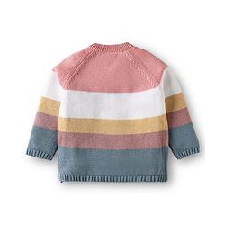 Babyhug Cotton Knit Full Raglan Sleeves Front Open Sweater Set With Stripes & Cap - Multi Colour