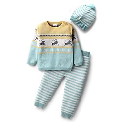 Babyhug Cotton Knit Full Sleeves Striped Sweater Set with Cap & Dear Design - Light Blue