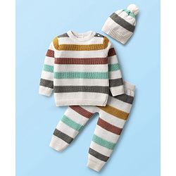 Babyhug Cotton Knit Full Sleeves Striped Sweater Set with Cap - White