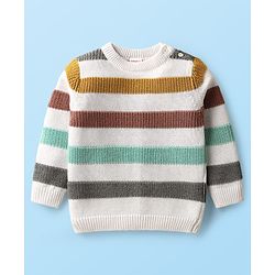 Babyhug Cotton Knit Full Sleeves Striped Sweater Set with Cap - White
