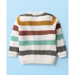 Babyhug Cotton Knit Full Sleeves Striped Sweater Set with Cap - White